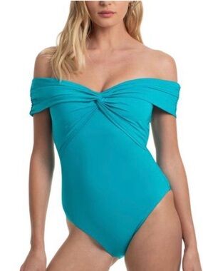 Trina Turk brand new Off-Shoulder Twist Front One-Piece Swimsuit - Teal size 10